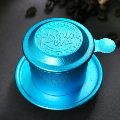 Phin cà phê, bộ, mẫu nhôm anode bắn cát, màu retro blue, Dalat Retro